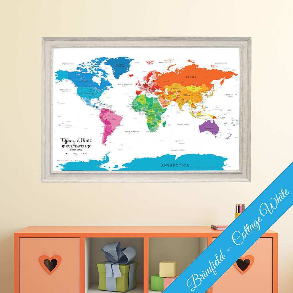 Colorful World Canvas Map in Brimfield Cottage White Frame