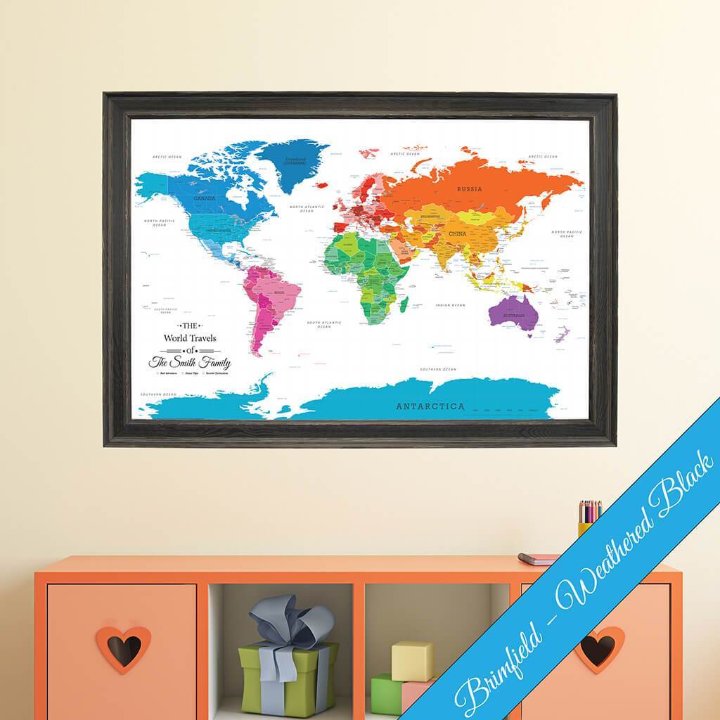 Canvas Colorful World Travel Map in Brimfield Black Frame