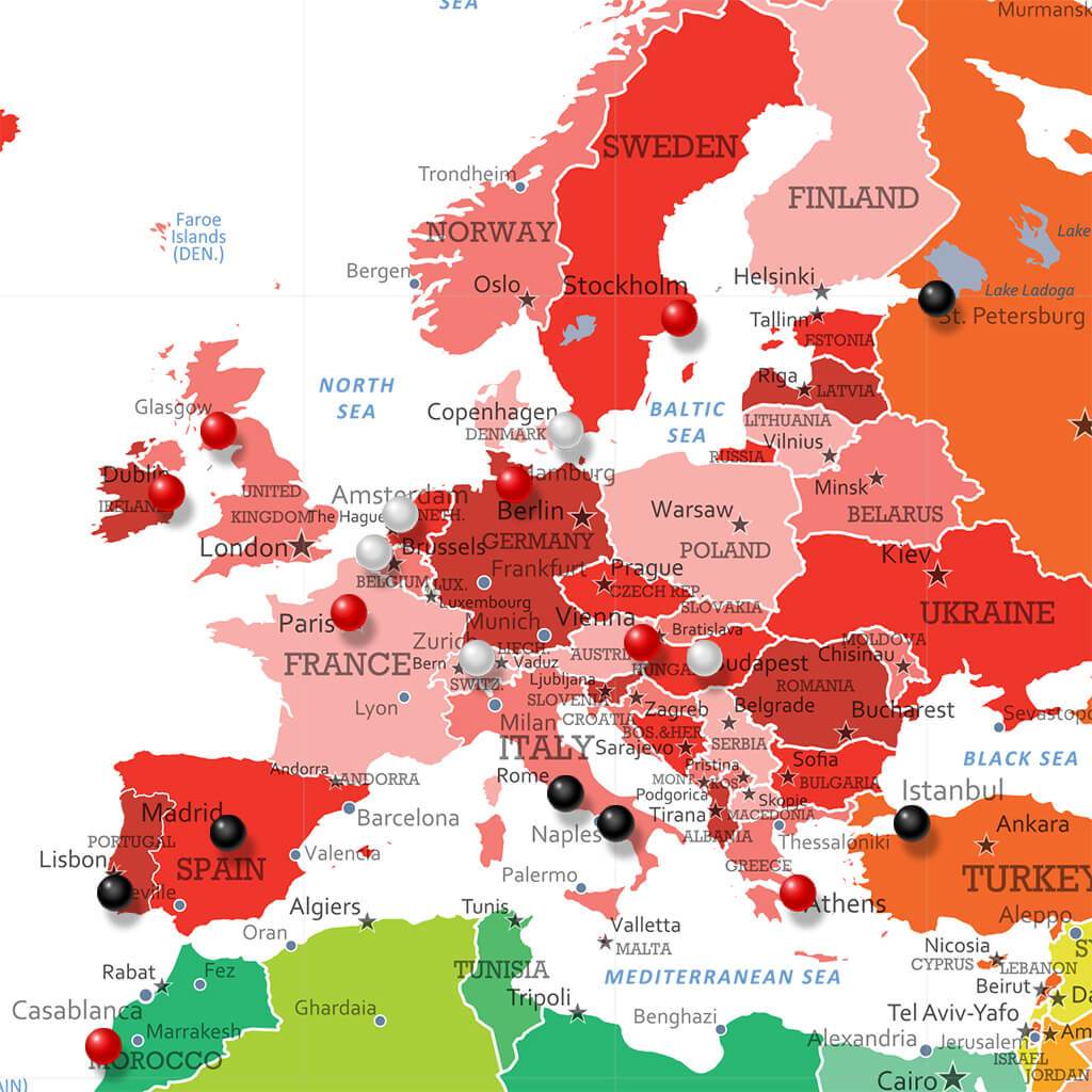 Closeup of Europe on Colorful World Travel Map