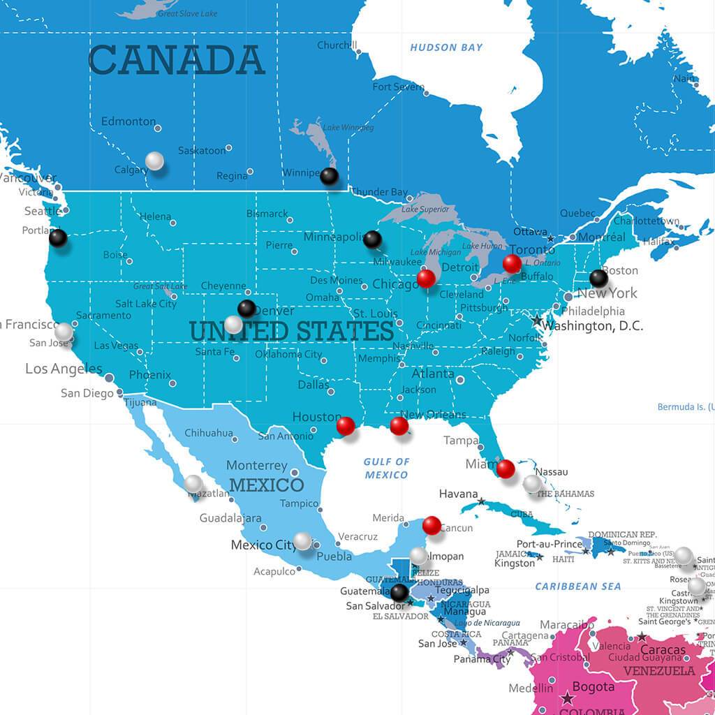 Closeup of USA on Colorful World Map