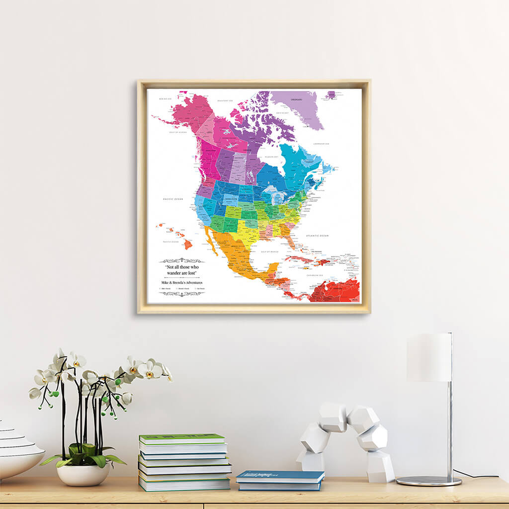 Canvas Gallery Wrapped Colorful North America Map with Pins in Natural Tan Float Frame