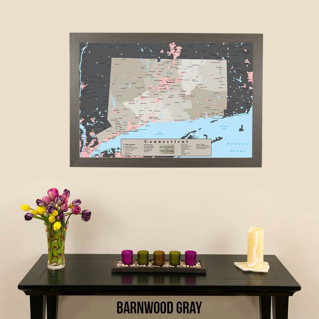 Earth Toned Connecticut State Travel Map Barnwood Gray Frame