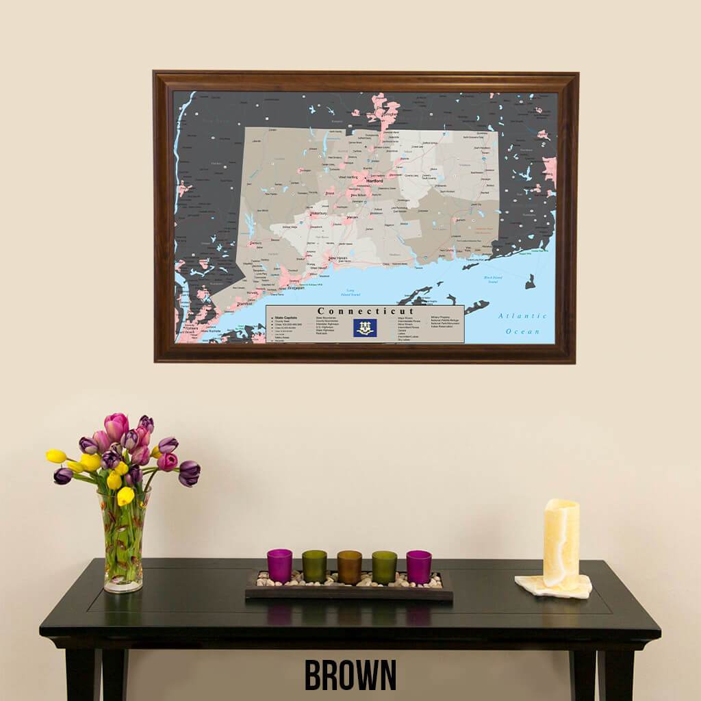 Earth Toned Connecticut State Travel Map Brown Frame