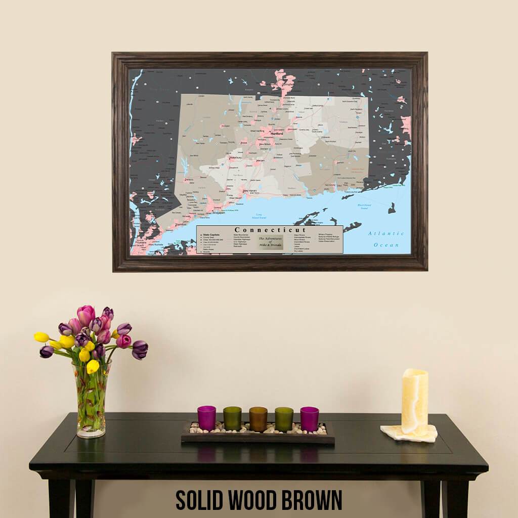 Earth Toned Connecticut State Travel Map Solid Wood Brown Frame