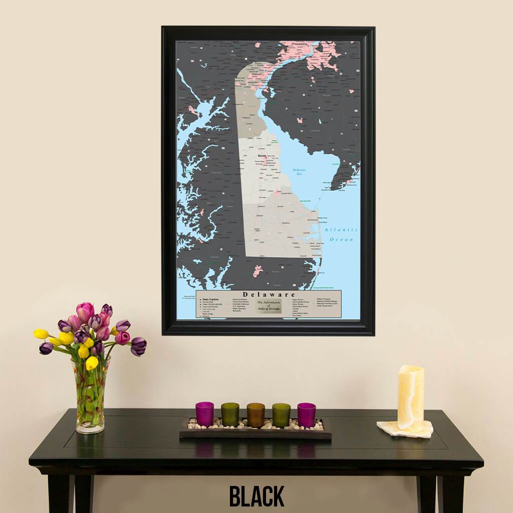 Earth Toned Delaware State Pin Map Black Frame