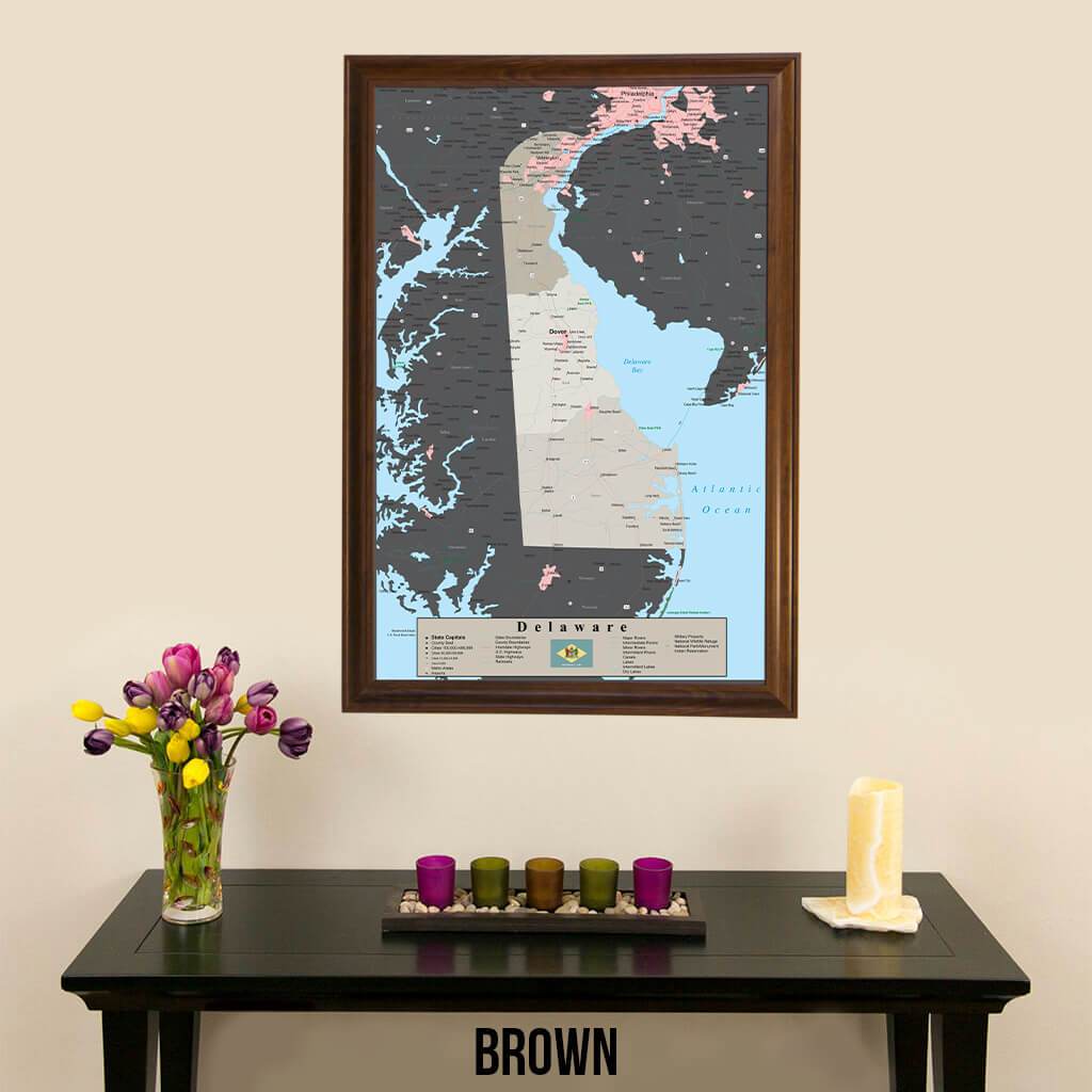 Earth Toned Delaware State Pin Map Brown Frame