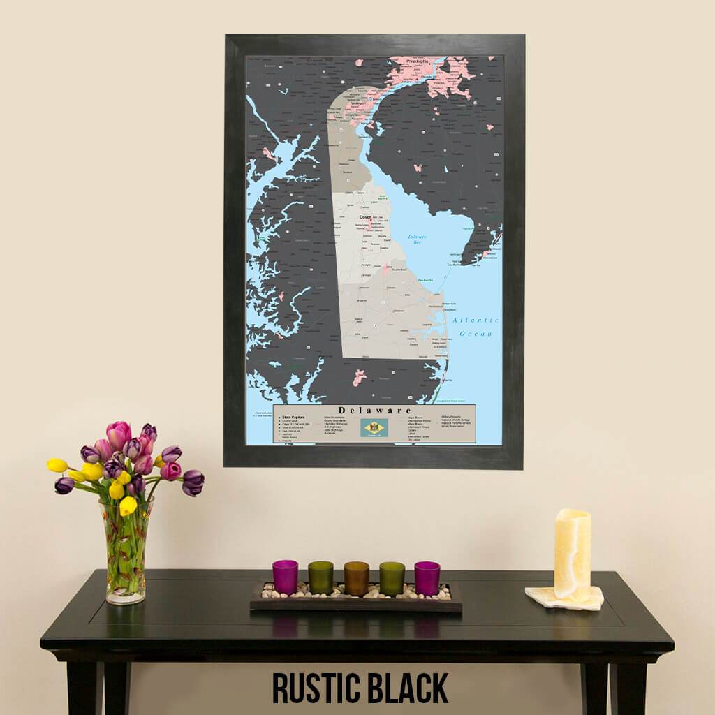 Earth Toned Delaware State Pin Map Rustic Black Frame