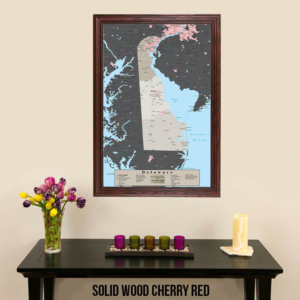 Earth Toned Delaware State Pin Map Solid Wood Cherry Frame