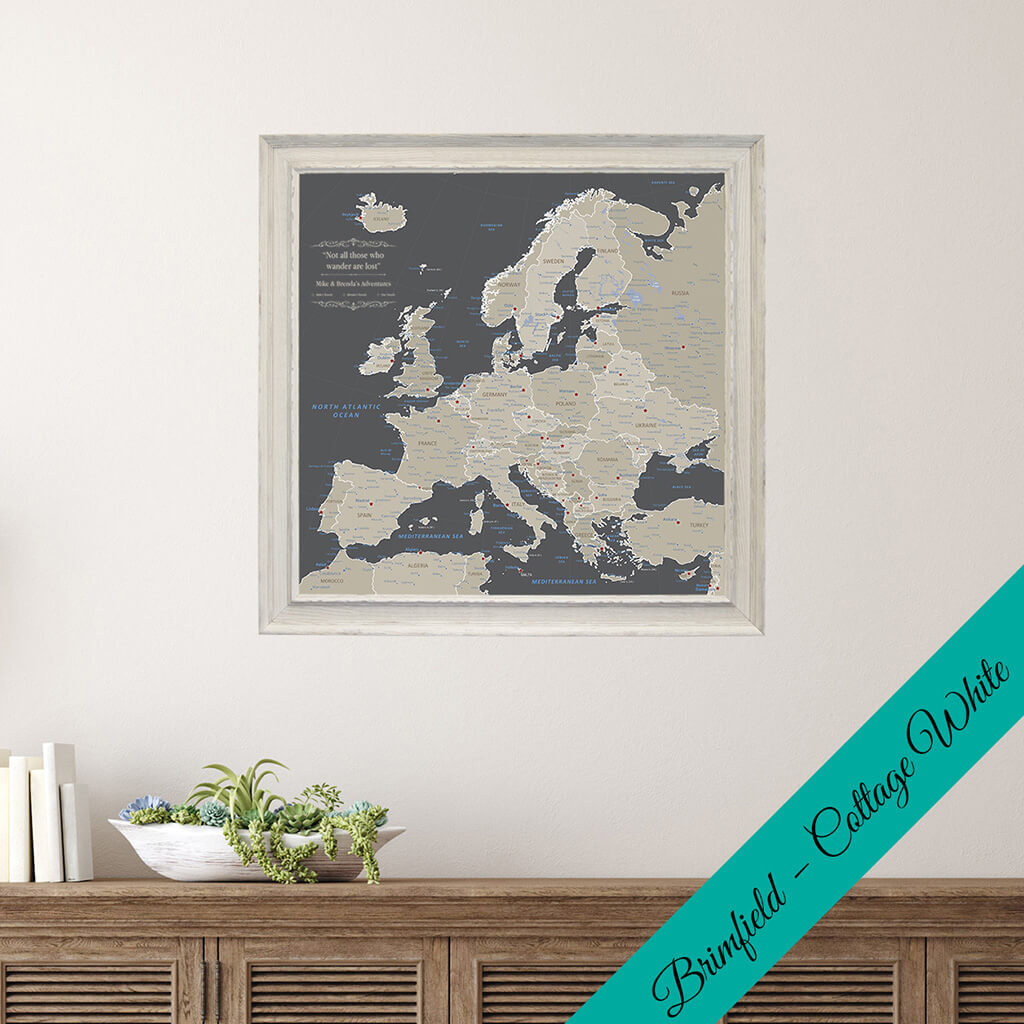 Framed Canvas Square Earth Toned Europe Map in Premium Brimfield White Frame