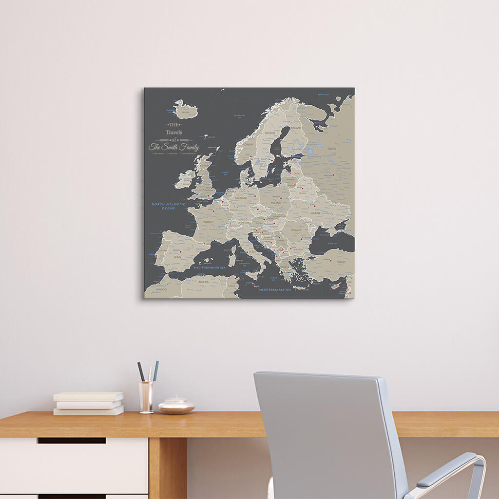Gallery Wrapped Canvas 24x24&quot; Square Europe Travel Map with Pins
