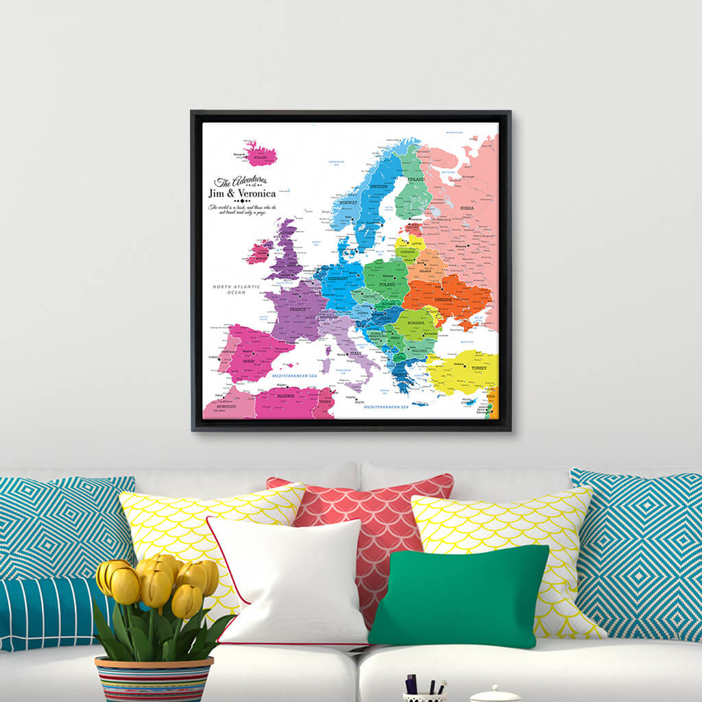 Square Colorful Europe Gallery Wrapped Canvas Map in Optional Black Float Frame