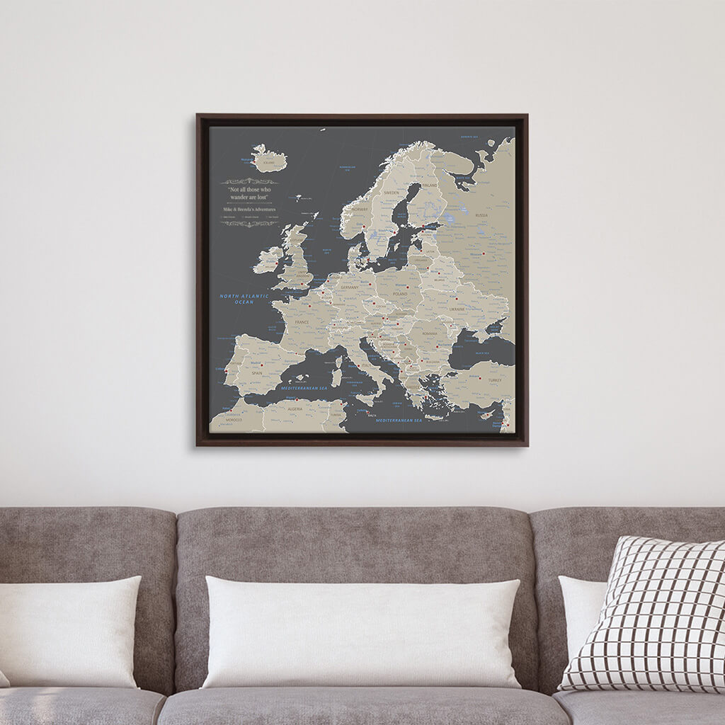 Gallery Wrapped Earth Toned Europe Map - Square - in Brown Float Frame