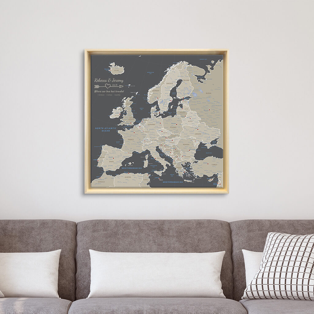 Gallery Wrapped Earth Toned Europe Map - Square - in Natural Tan Float Frame