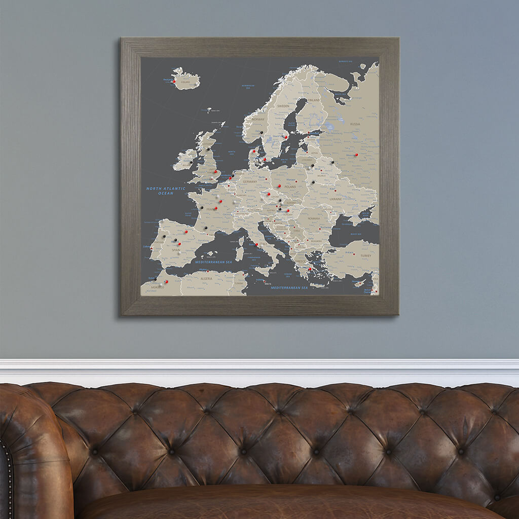 Square Earth Toned Europe Push Pin Travel Map - Barnwood Gray Frame
