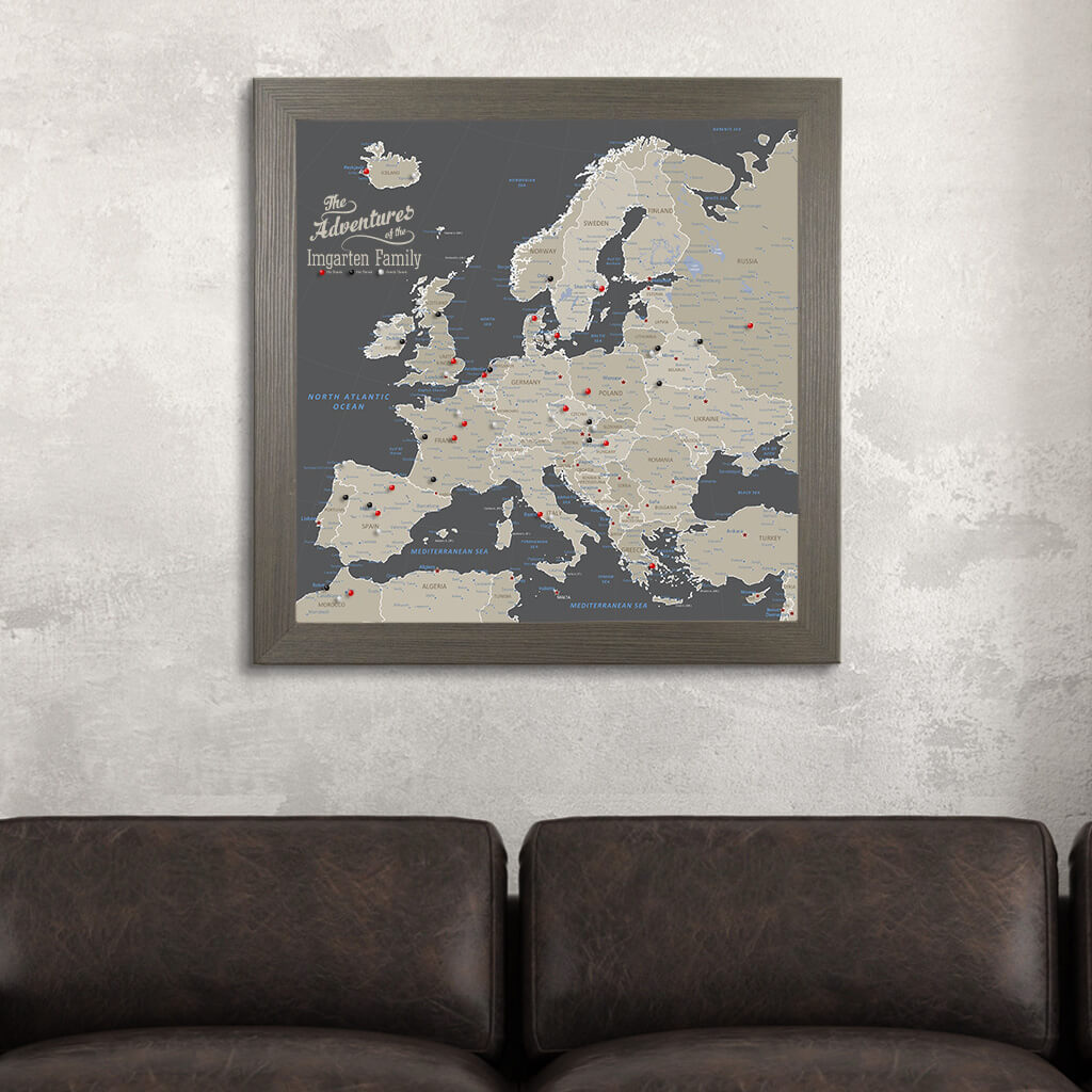 Framed Canvas Square Earth Toned Europe Map in Barnwood Gray Frame