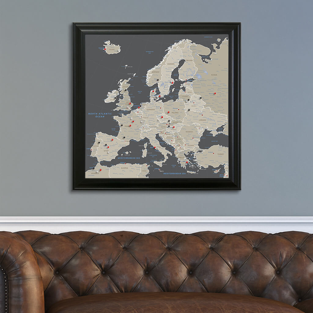 Square Earth Toned Europe Push Pin Travel Map - Black Frame