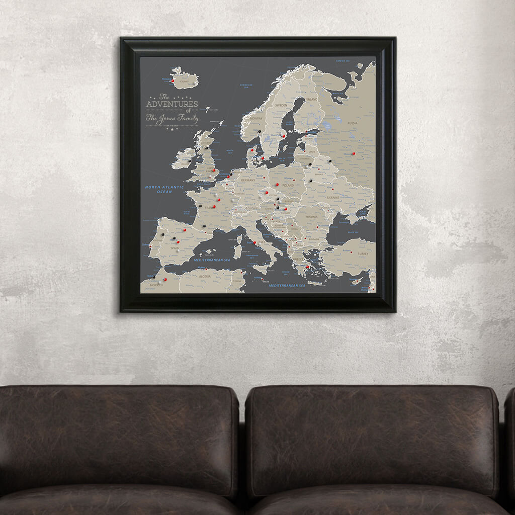Framed Canvas Square Earth Toned Europe Map in Black Frame
