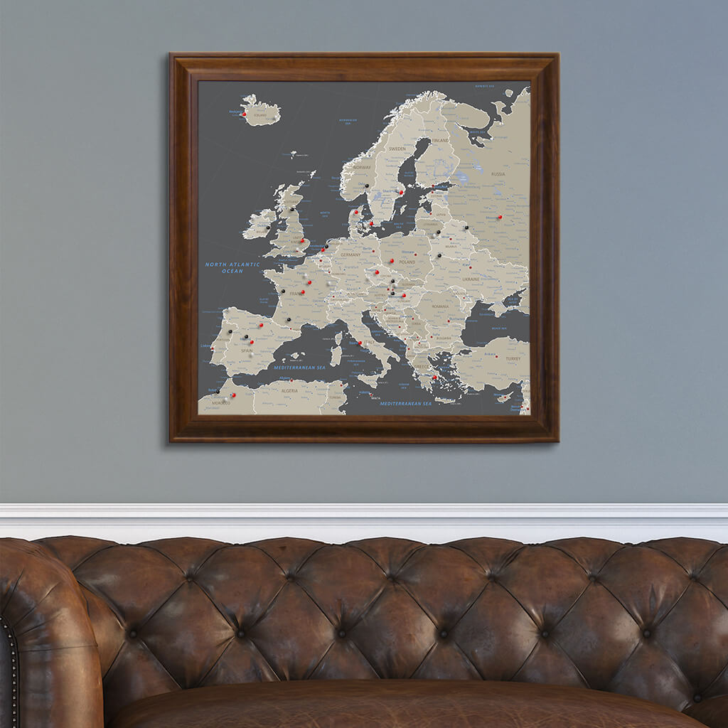 Square Earth Toned Europe Push Pin Travel Map - Brown Frame