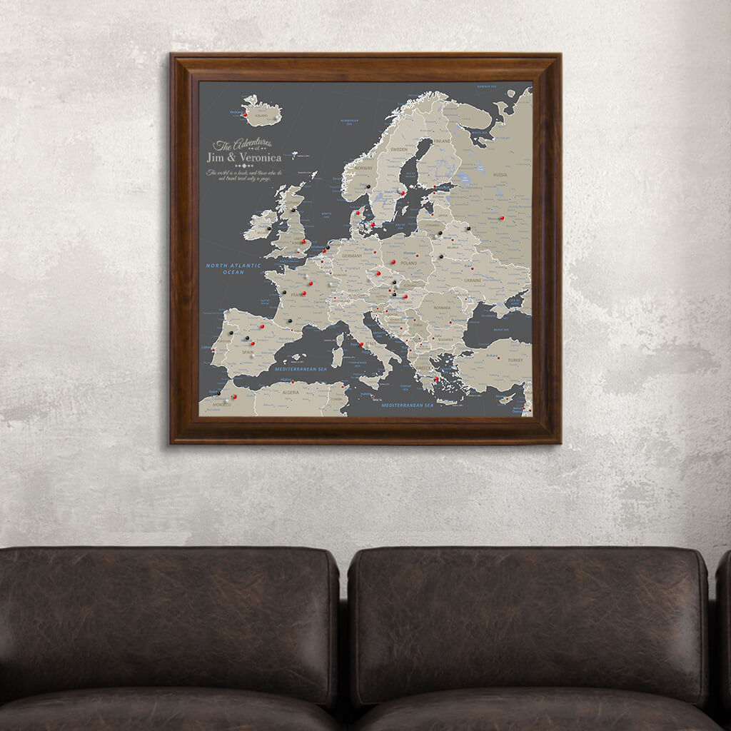 Framed Canvas Square Earth Toned Europe Map in Brown Frame