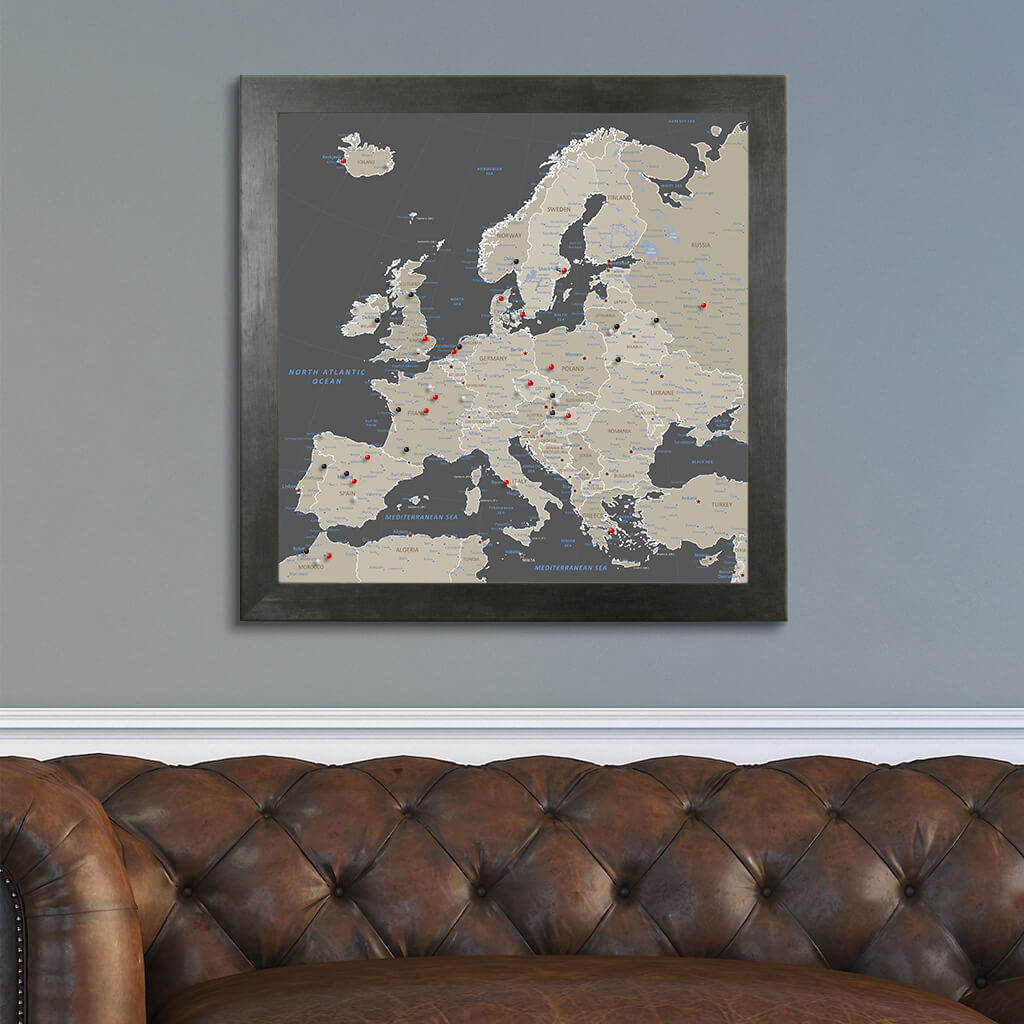 Square Earth Toned Europe Push Pin Travel Map - Rustic Black Frame