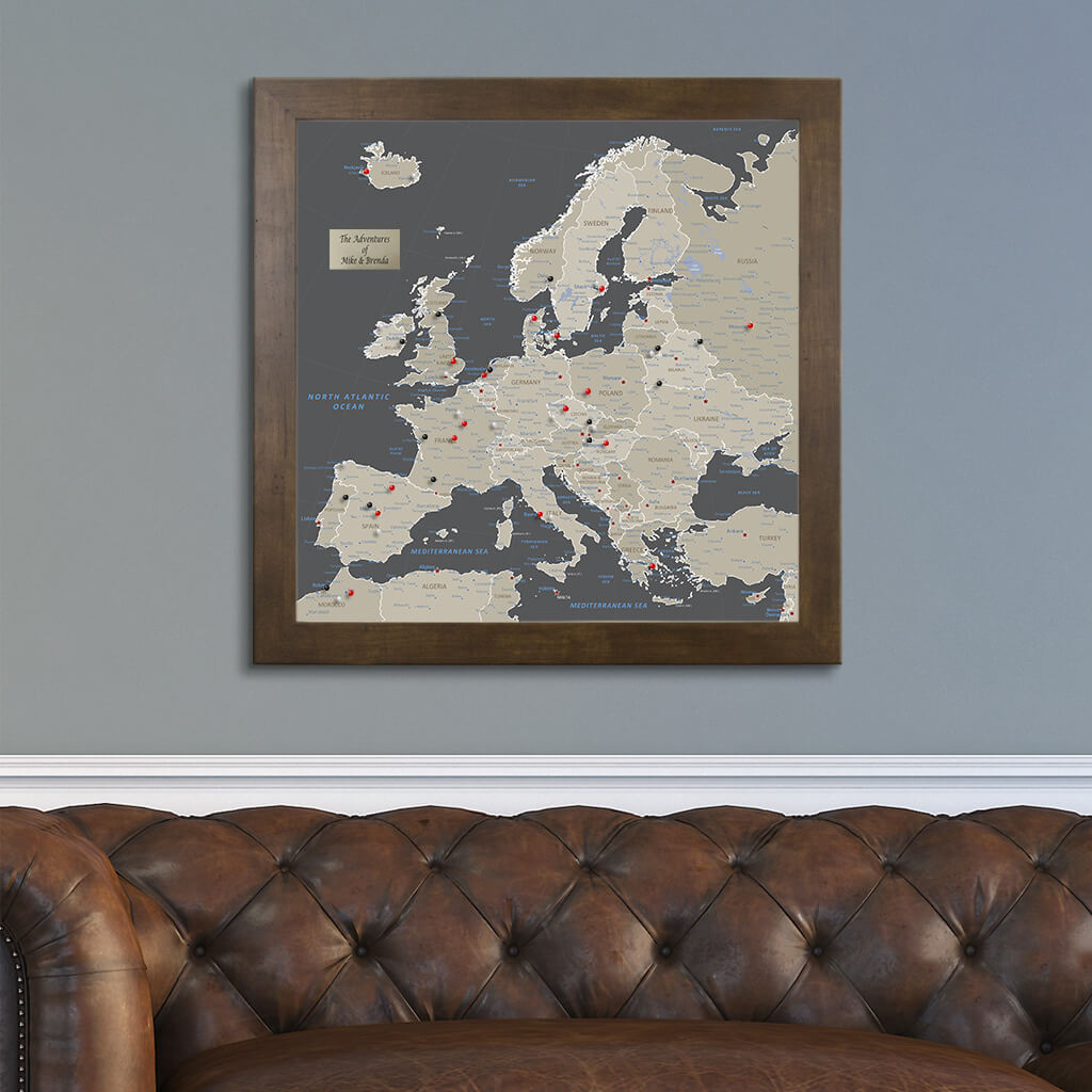 Square Earth Toned Europe Push Pin Travel Map - Rustic Brown Frame