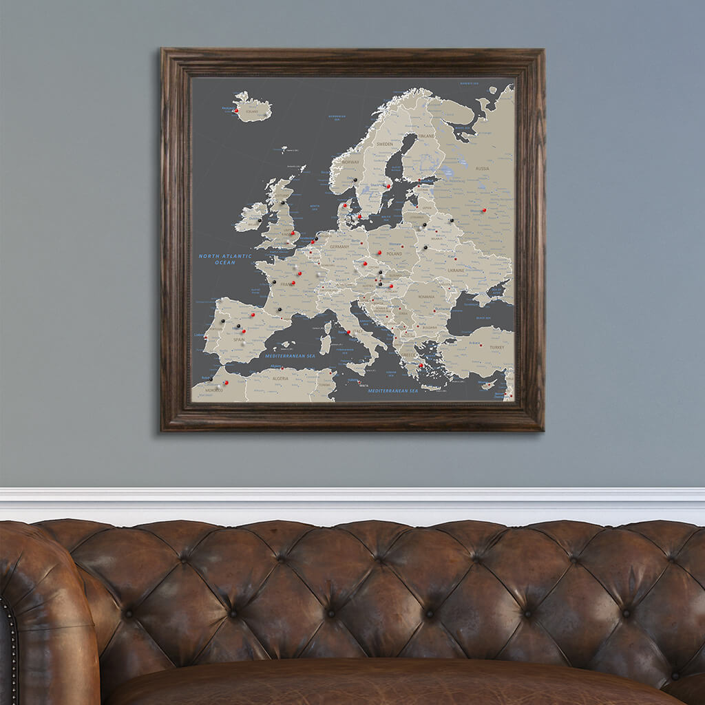 Square Earth Toned Europe Push Pin Travel Map - Solid Wood Brown Frame