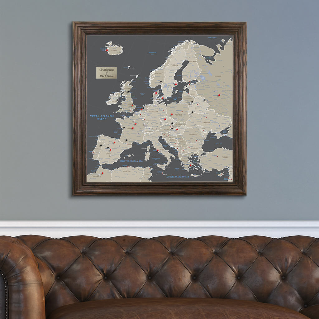 Square Earth Toned Europe Push Pin Travel Map - 24&quot;x24&quot;