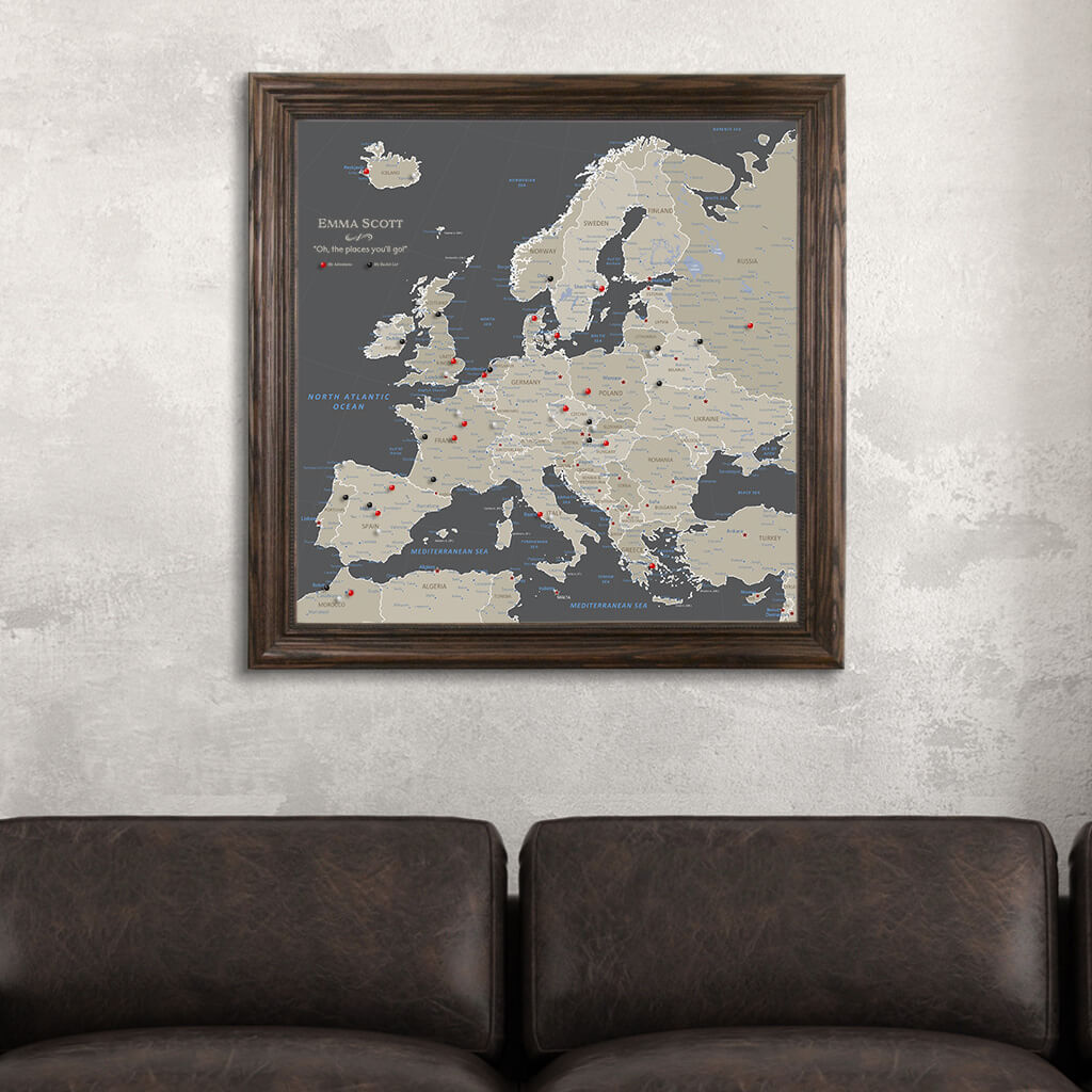 Framed Canvas Square Earth Toned Europe Map in Solid Wood Brown Frame