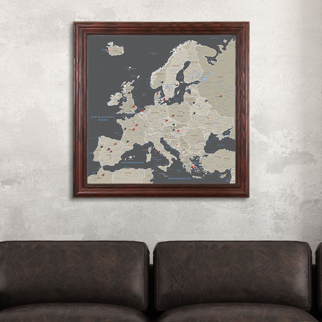 Framed Canvas Square Earth Toned Europe Map in Solid Wood Cherry Frame