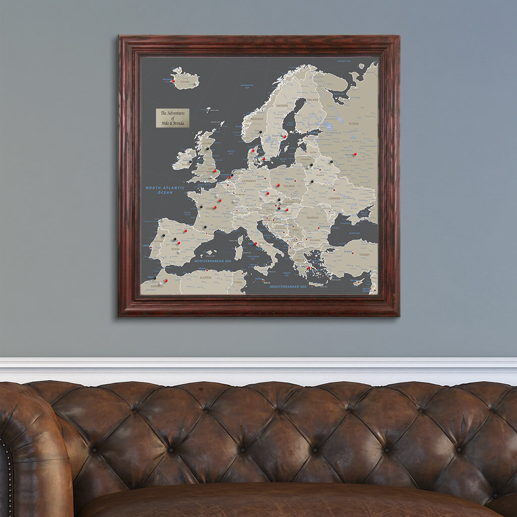 Square Earth Toned Europe Push Pin Travel Map - Solid Wood Cherry Frame