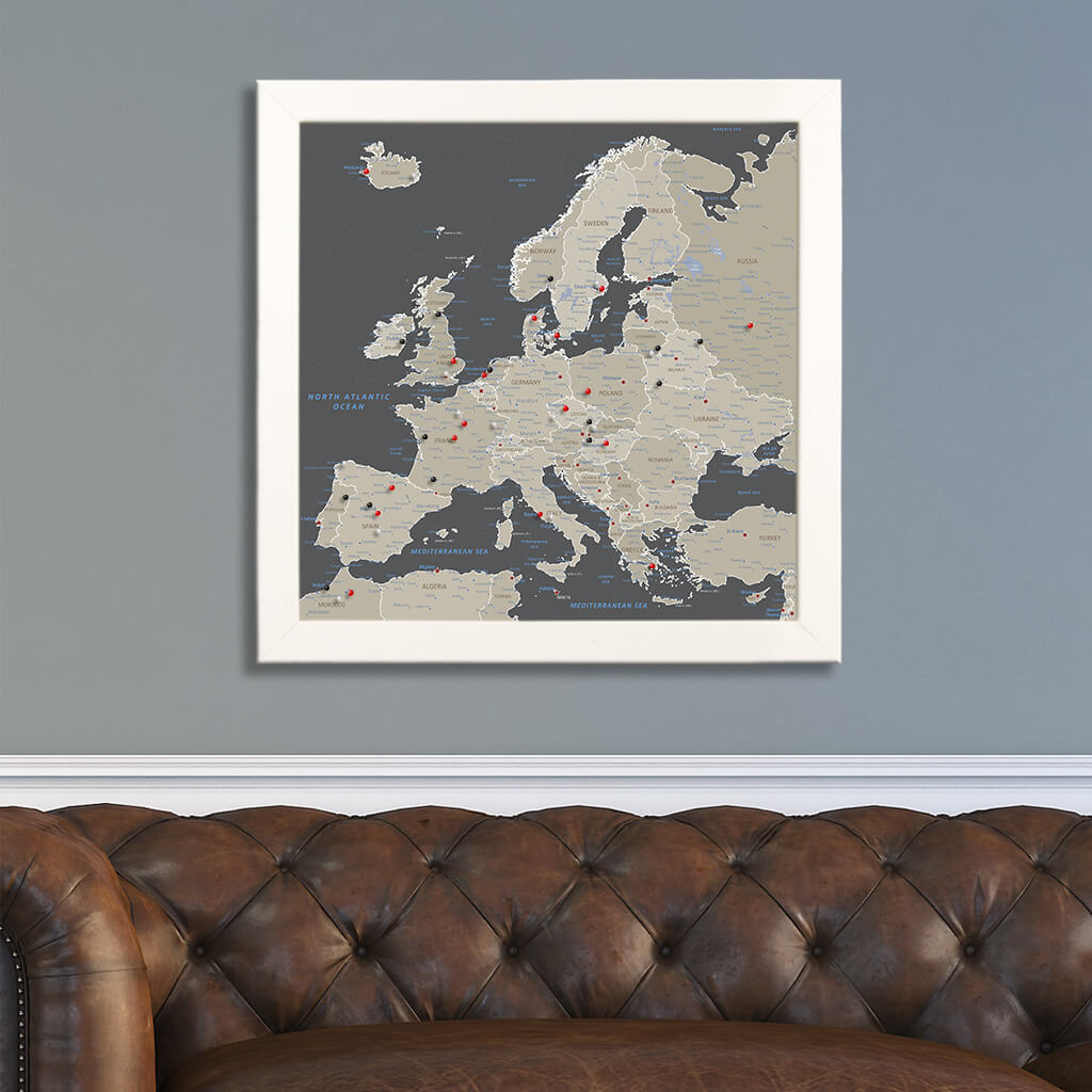 Square Earth Toned Europe Push Pin Travel Map - Textured White Frame