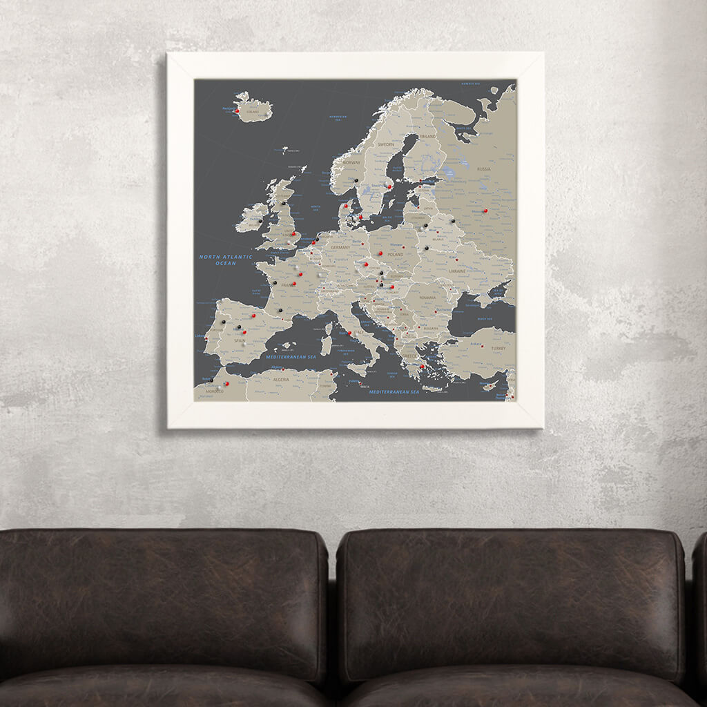 Framed Canvas Square Earth Toned Europe Map in Textured White Frame