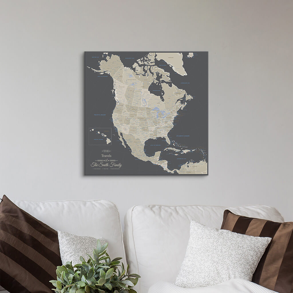 Gallery Wrapped 24&quot;x24&quot; Earth Toned North America Map