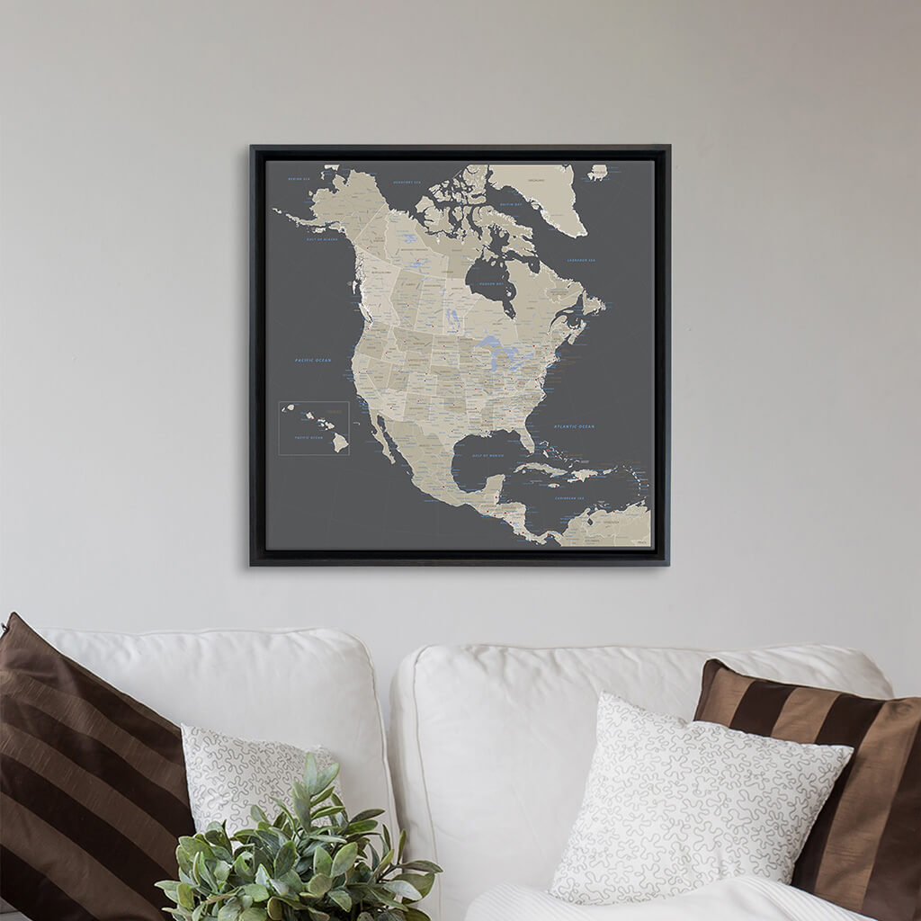 Gallery Wrapped 24"x24" Earth Toned North America Map in Black Float Frame