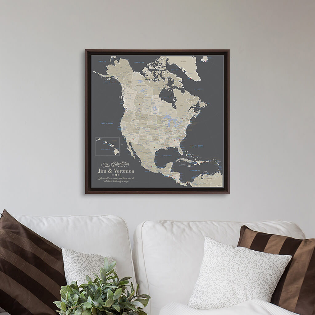 Gallery Wrapped 24&quot;x24&quot; Earth Toned North America Map in Brown Float Frame