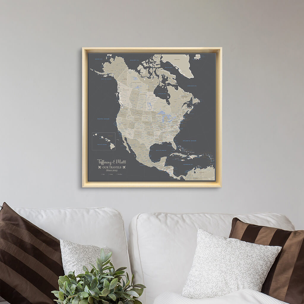 Gallery Wrapped 24&quot;x24&quot; Earth Toned North America Map in Natural Tan Float Frame