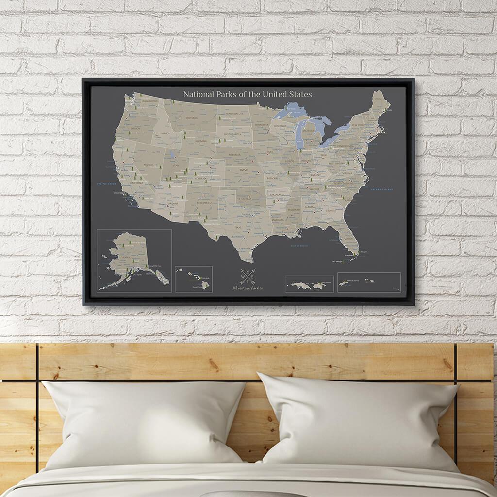 Black Float Frame - 24x36 Gallery Wrapped Canvas Earth Toned USA National Parks Map