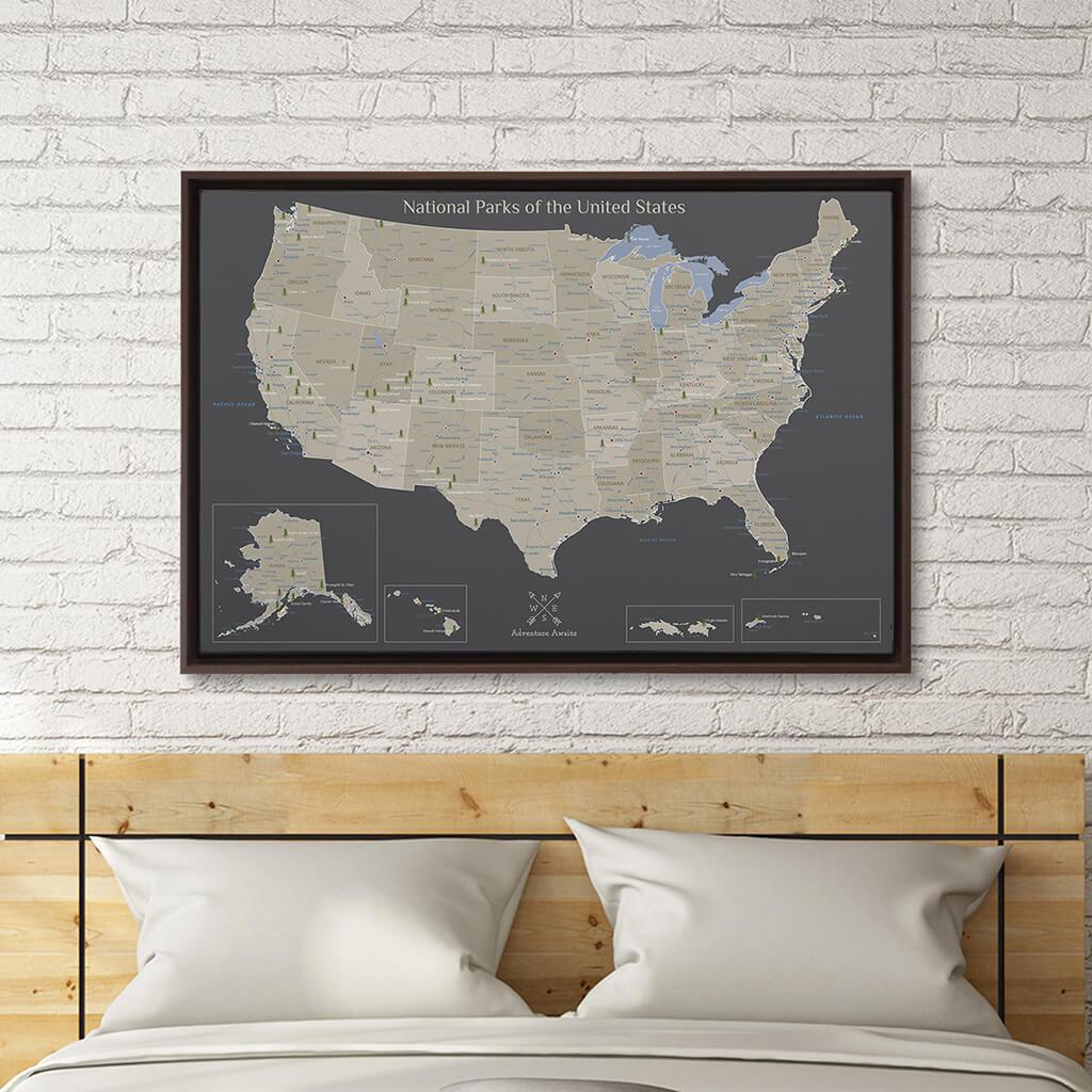 Brown Float Frame -24x36 Gallery Wrapped Canvas Earth Toned USA National Parks Map