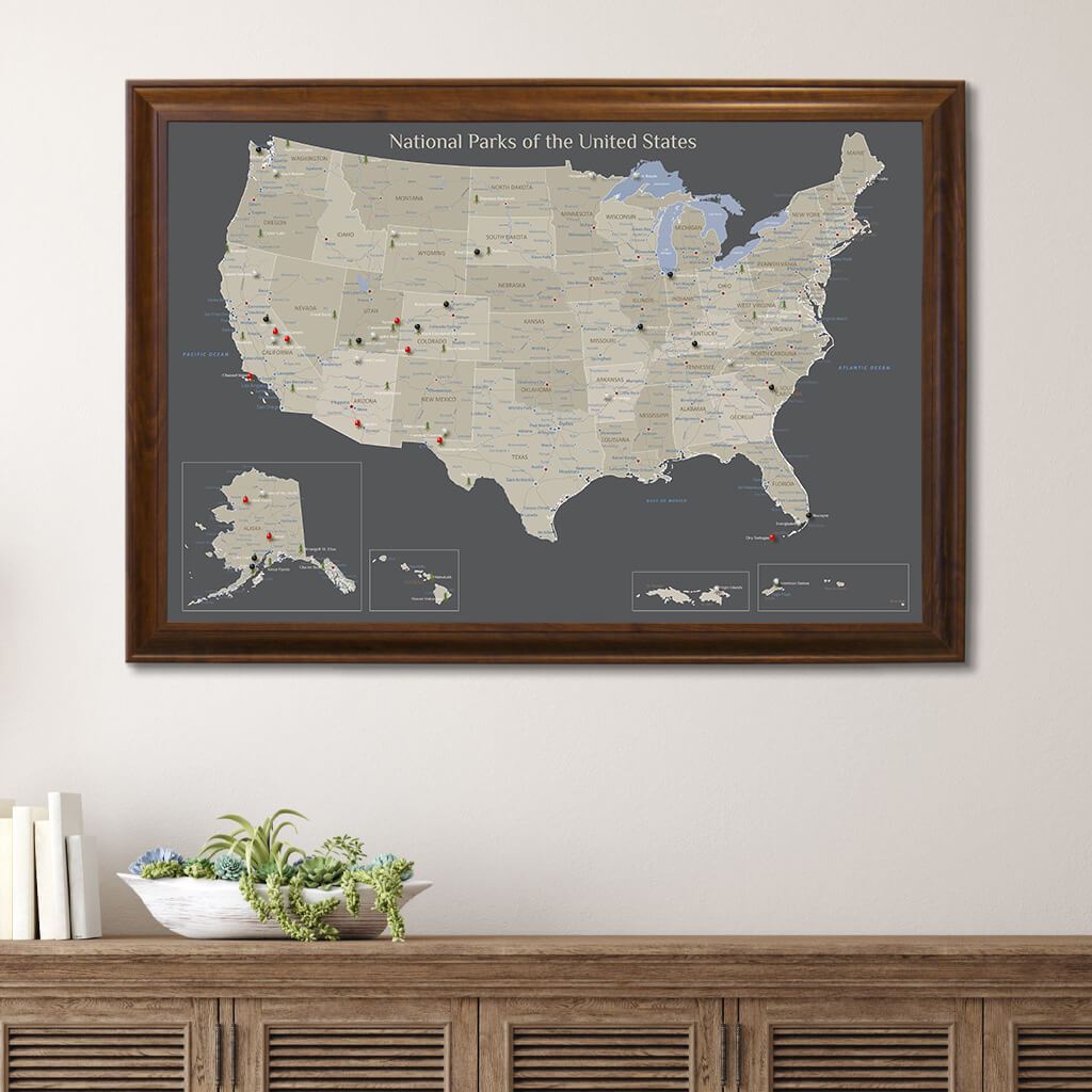 Earth Toned National Parks of the USA Wall Map Brown Frame
