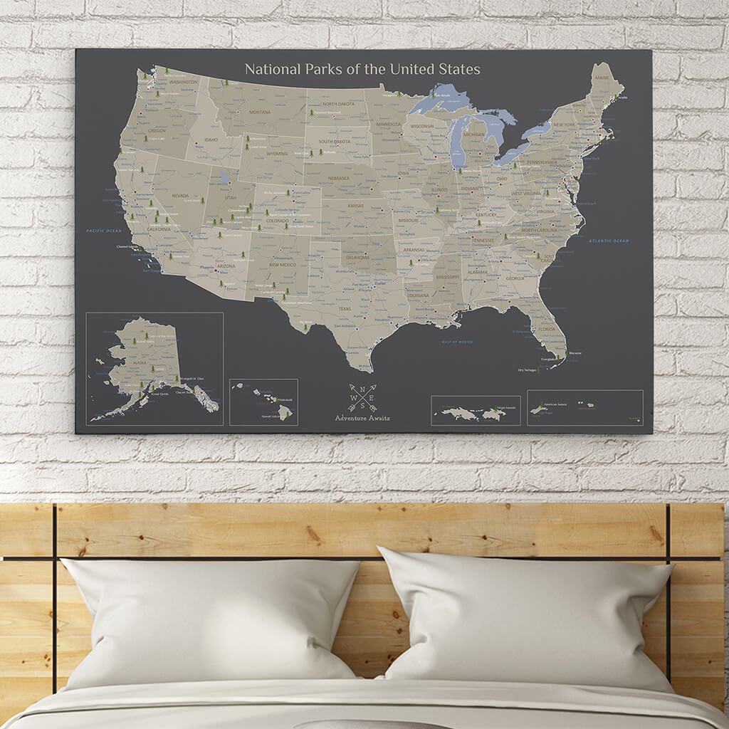 30x45 Gallery Wrapped Canvas Earth Toned USA National Parks Map 
