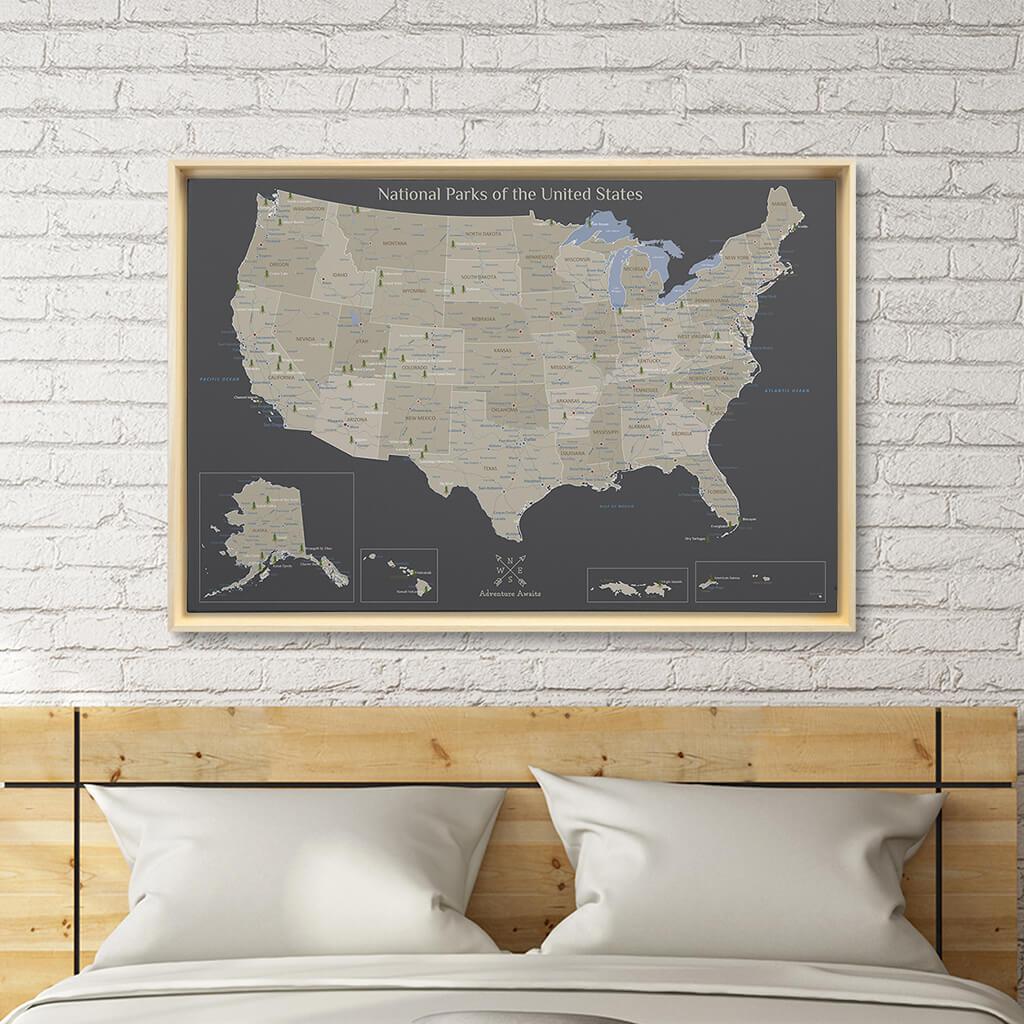 Natural Tan Float Frame -24x36 Gallery Wrapped Canvas Earth Toned USA National Parks Map