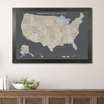 Earth Toned National Parks of the USA Travel Map in Rustic Black Frame