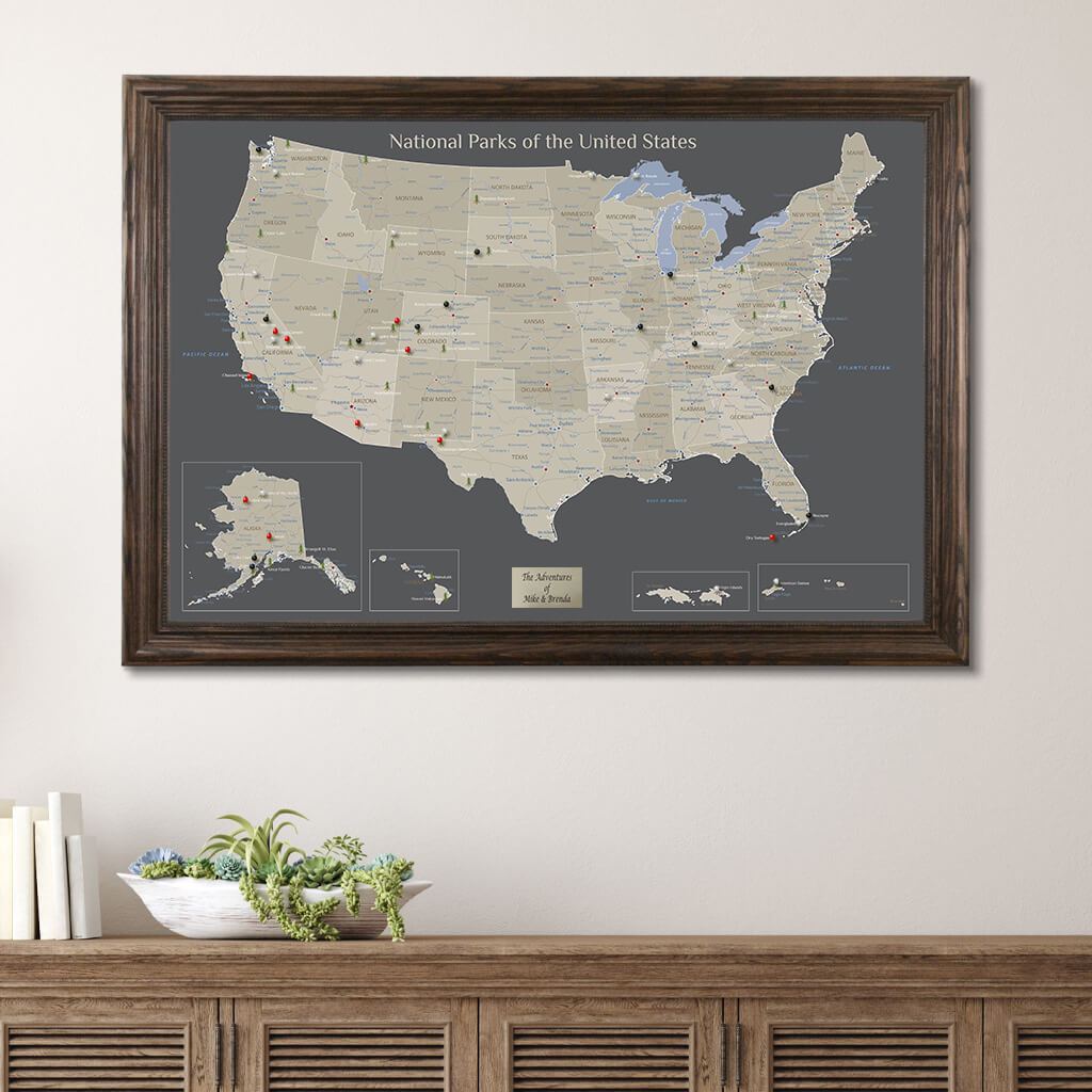 Earth Toned National Parks of the USA Wall Map with Solid Wood Brown Frame