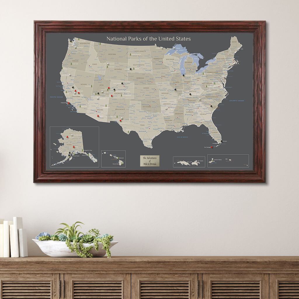 Earth Toned National Parks of the USA Pin Map with Solid Wood Cherry Frame