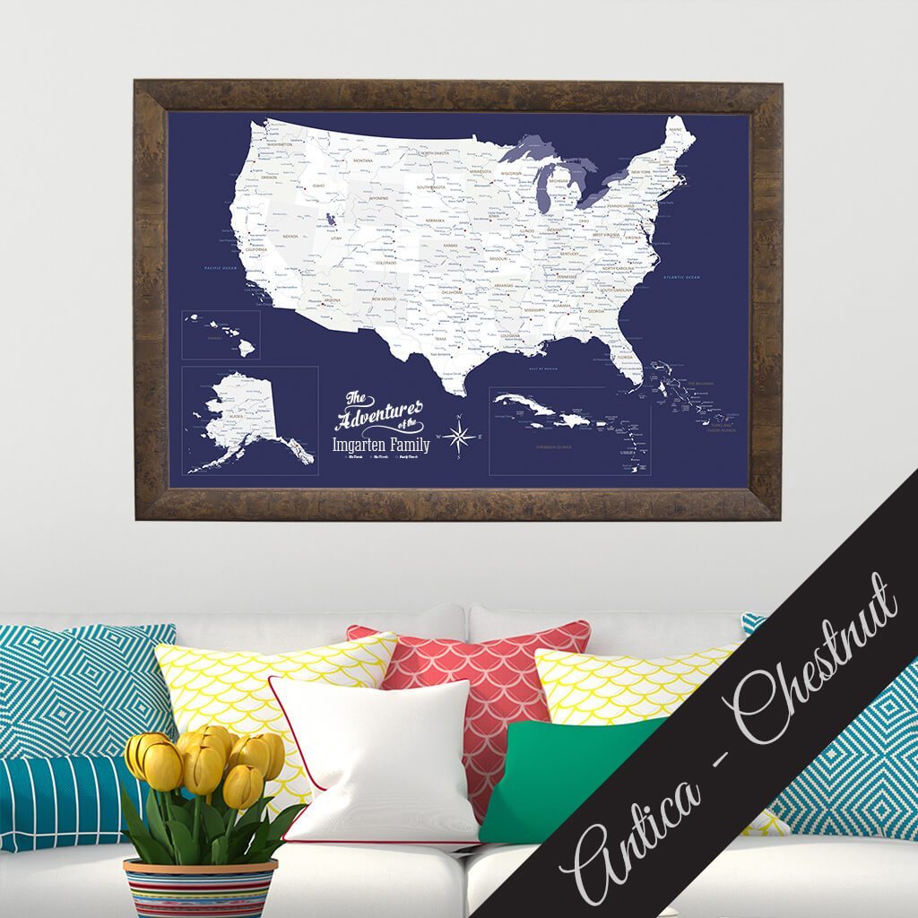 Canvas Navy Explorers USA Push Pin Map in Antica Chestnut Frame