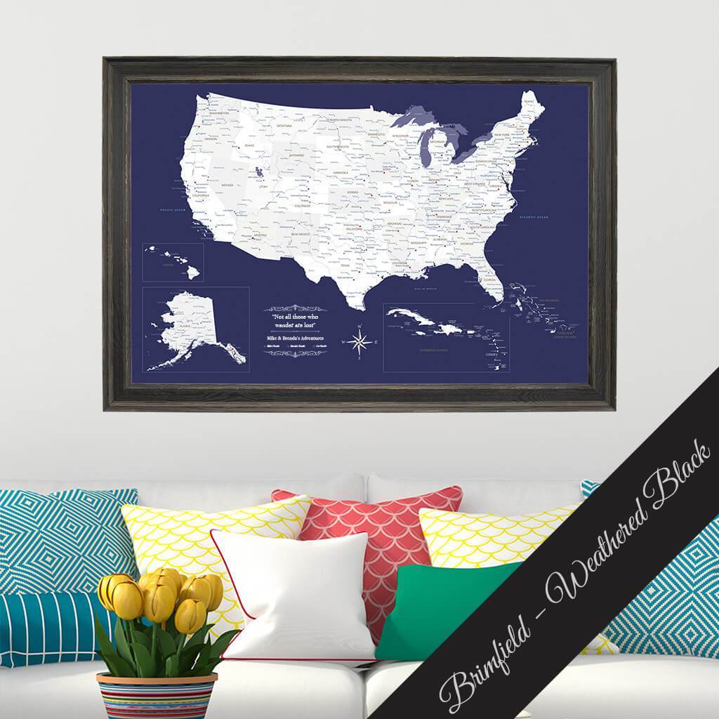 Canvas Navy Explorers USA Push Pin Map in Brimfield Black Frame