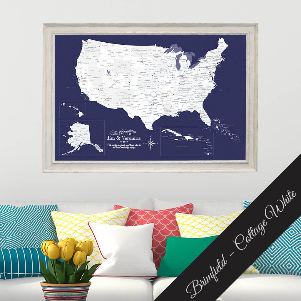 Canvas Navy Explorers USA Push Pin Map in Brimfield White Frame