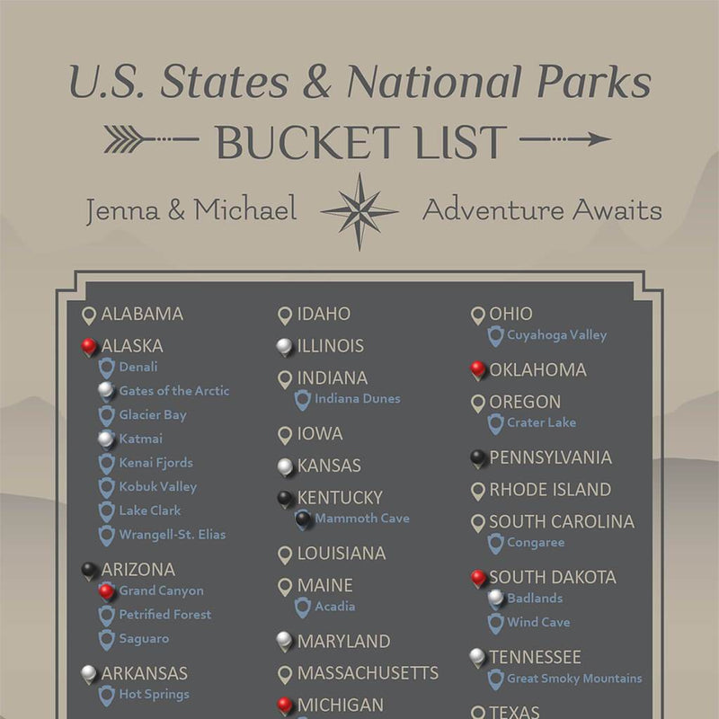 Earth Toned Bucket List of US States and National Parks | Personalized ...