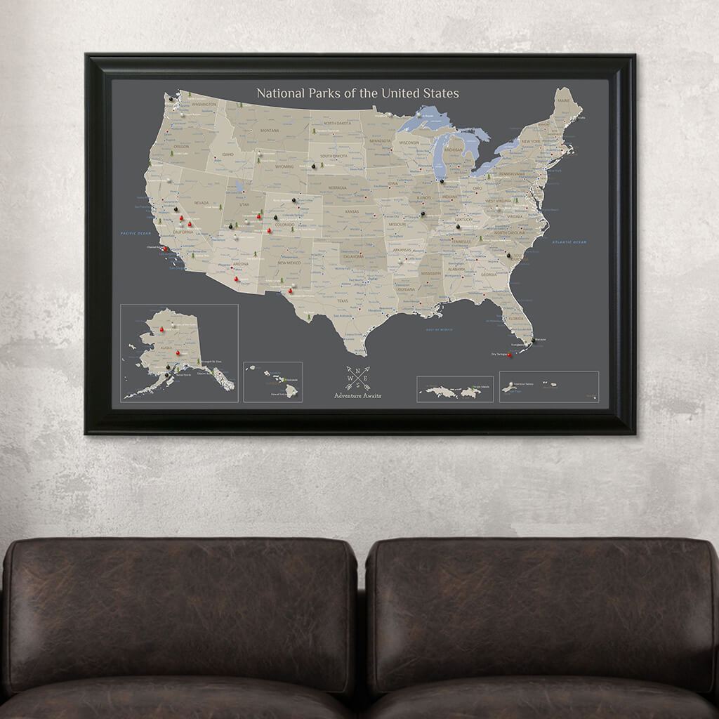 Canvas Earth Toned National Parks of the USA Wall Map in Black Frame