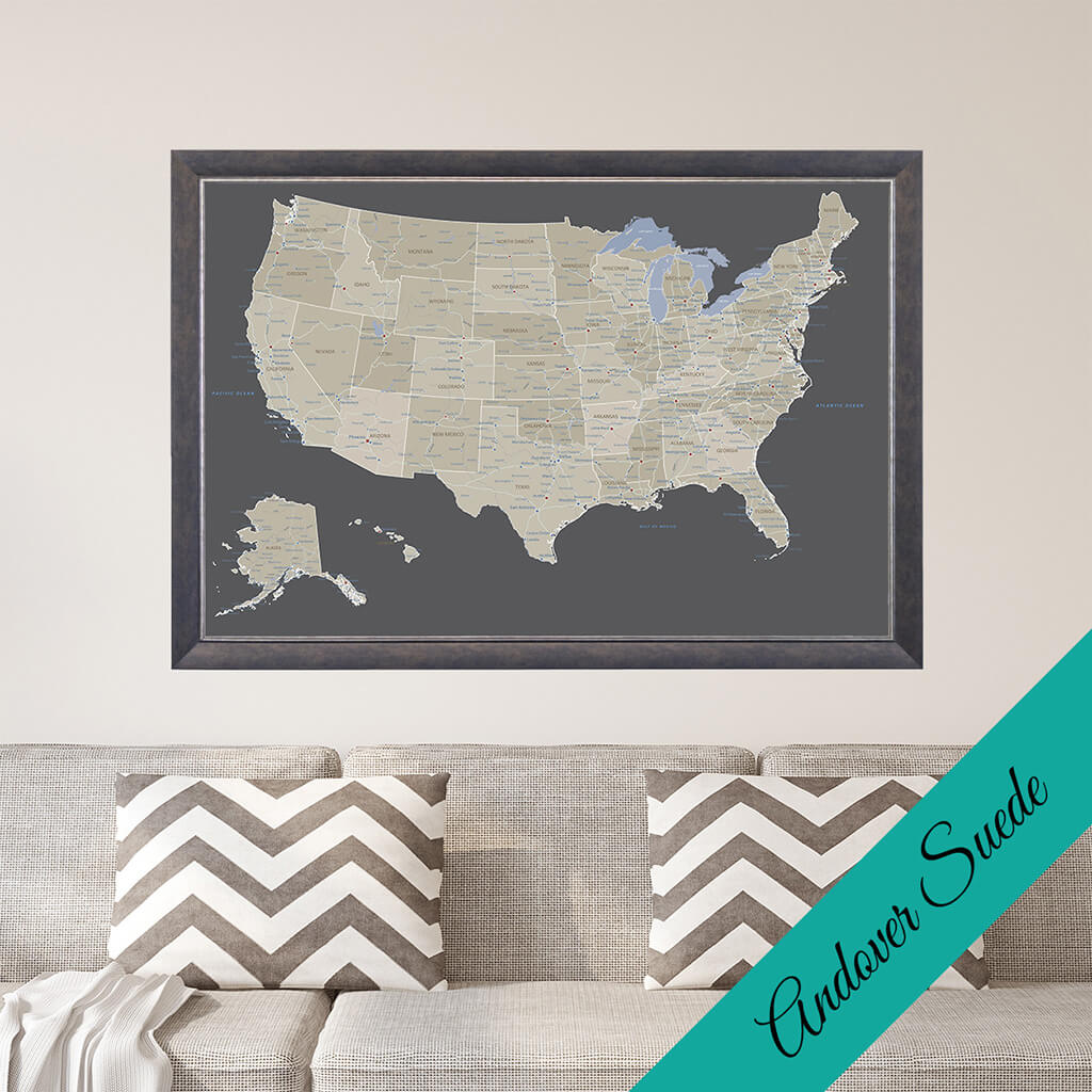 Canvas Earth Toned USA Pin Map in Premium Andover Suede Frame